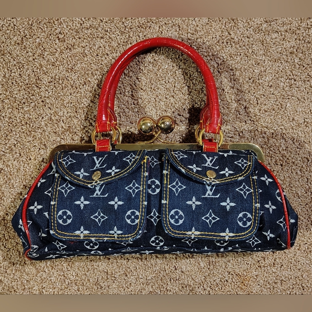 Navy and Red Denim Monogram Women's Clasp Bag Purse Pocketbook